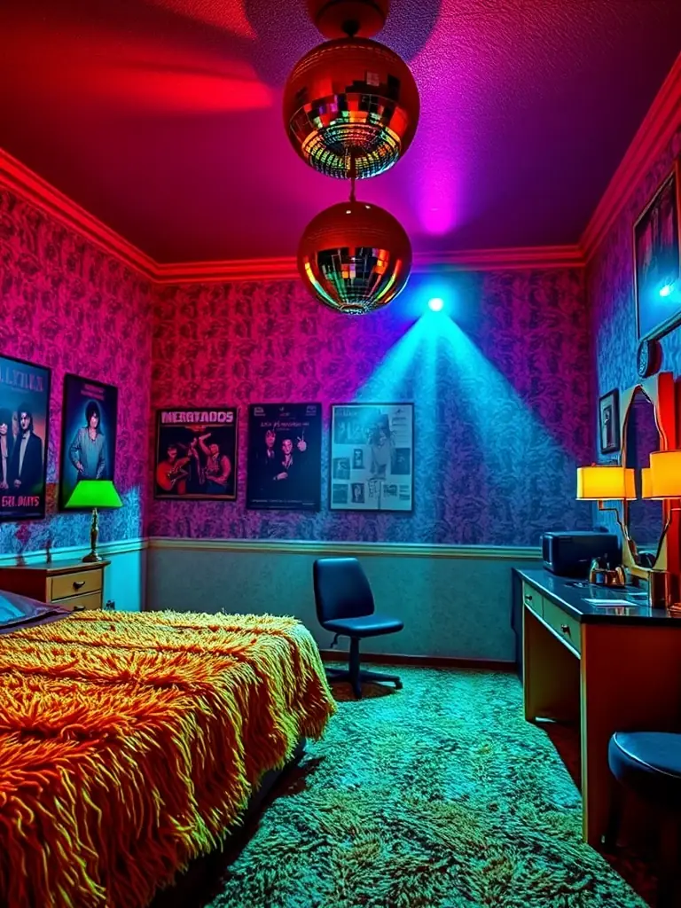A photograph of the '70s-themed room, showcasing shag carpeting, disco balls, and vintage posters of iconic bands from the era.