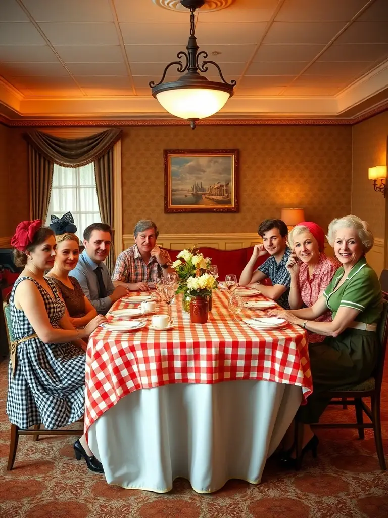 A photograph of guests dressed in 1950s attire, participating in a themed dinner party at VintageStay, complete with vintage tableware and period-appropriate decorations.