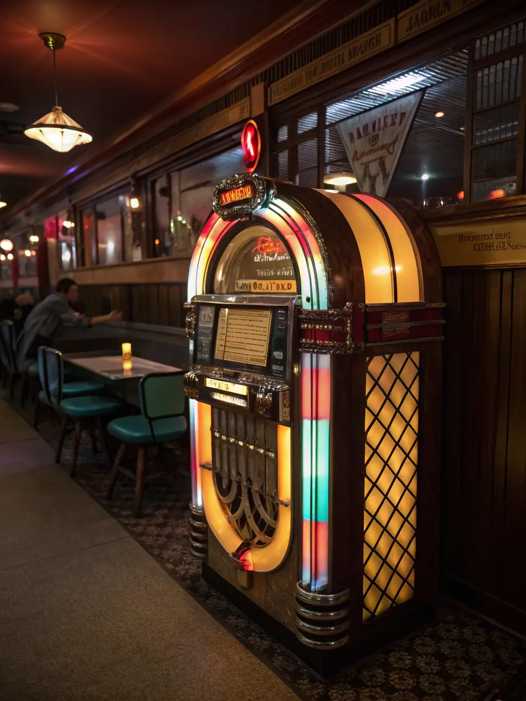 A photograph of the '50s-themed room, featuring a jukebox, checkered tile floor, and a classic diner-style booth seating area.