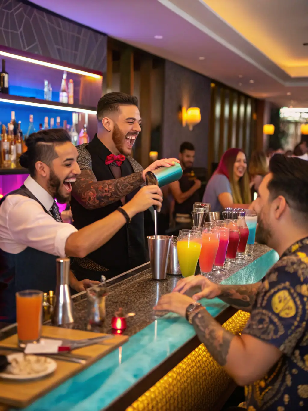 A photograph of a vintage cocktail-making class at VintageStay, with guests learning to mix classic cocktails from a skilled bartender in a retro bar setting.