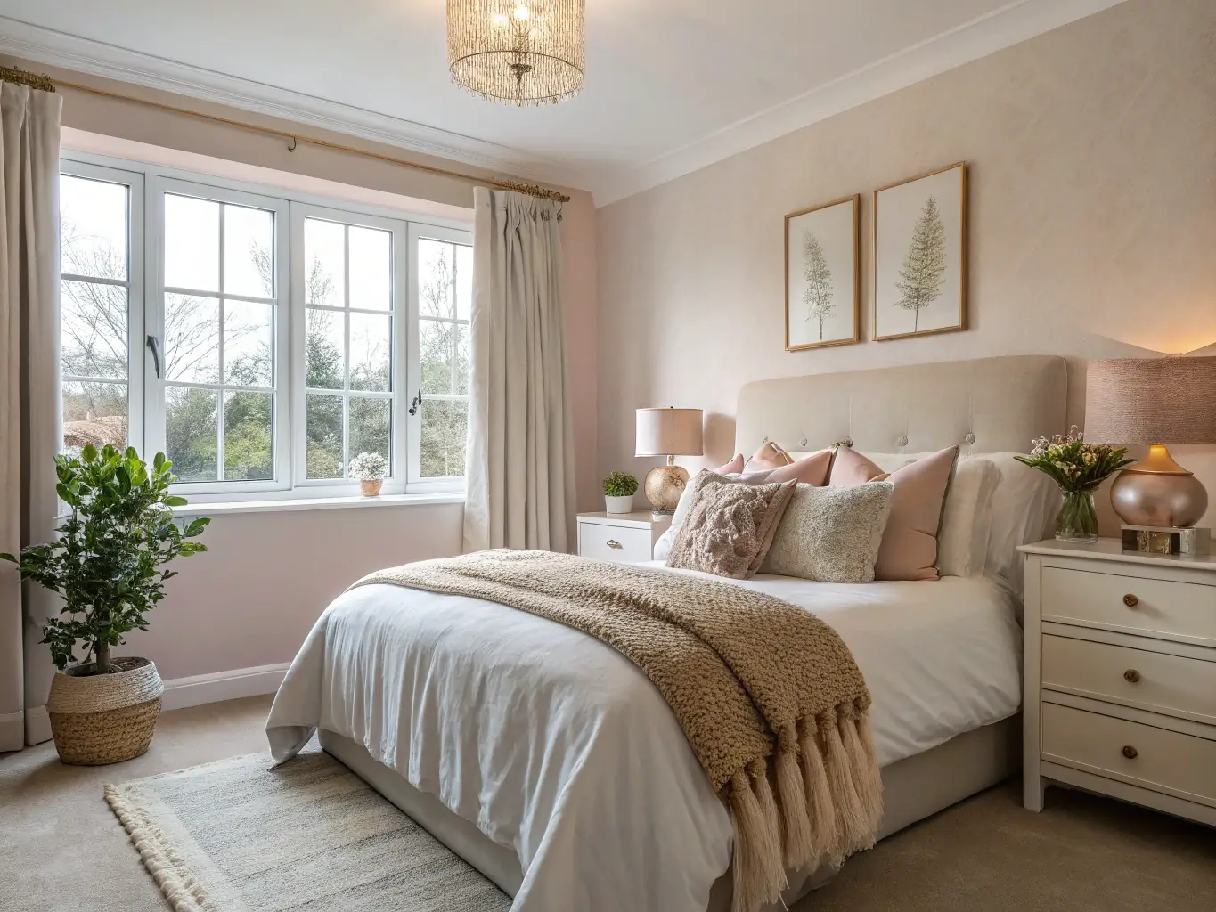 A photograph of a meticulously designed 1950s themed hotel room, featuring vintage furniture, pastel colors, and classic decor elements such as a rotary phone and a vintage radio.