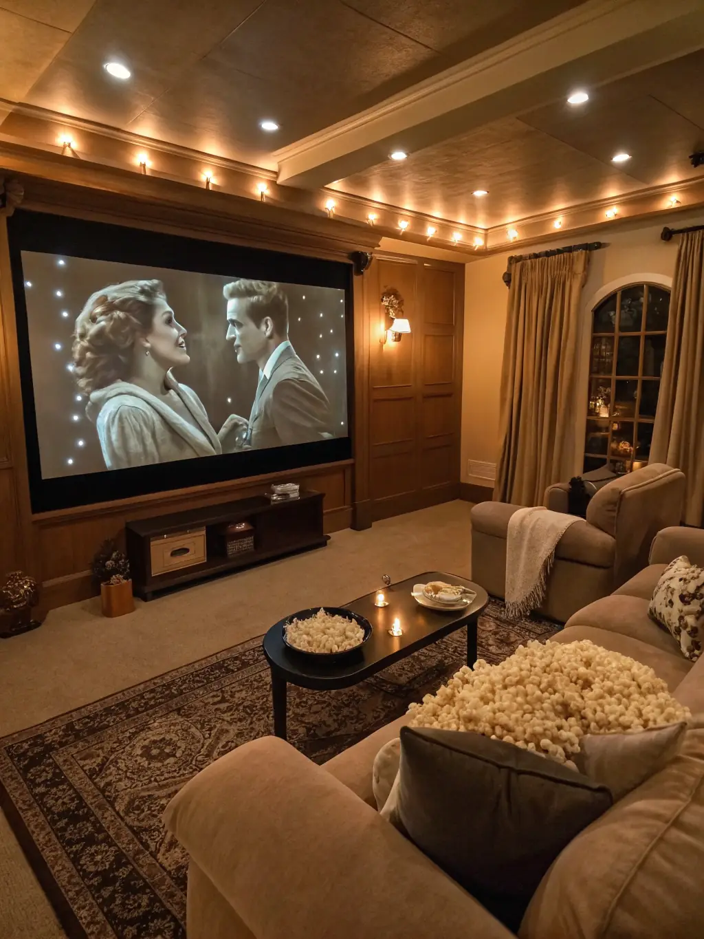 A photograph of a vintage movie night at VintageStay, with guests watching a classic film on a projector screen, surrounded by comfortable vintage seating and décor.