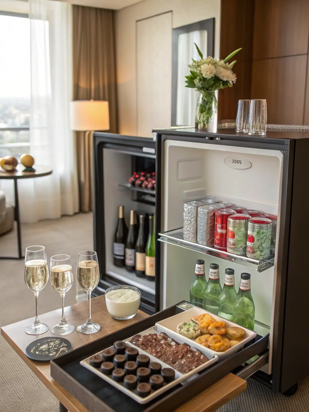 A vintage-style mini-fridge stocked with classic soda bottles and snacks, placed inside a retro-themed hotel room.