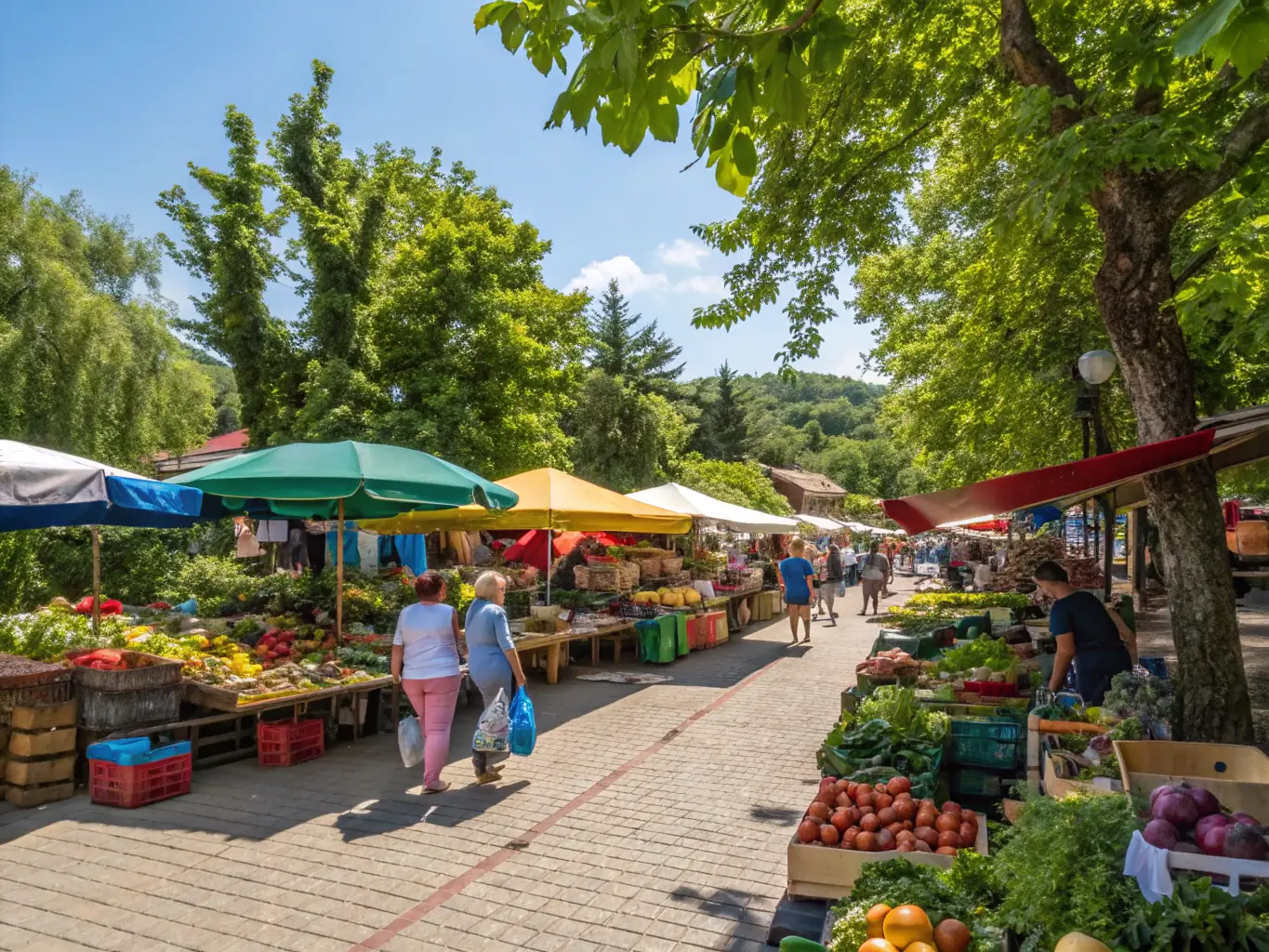 A vibrant image of the local farmers market, filled with fresh produce and local crafts.