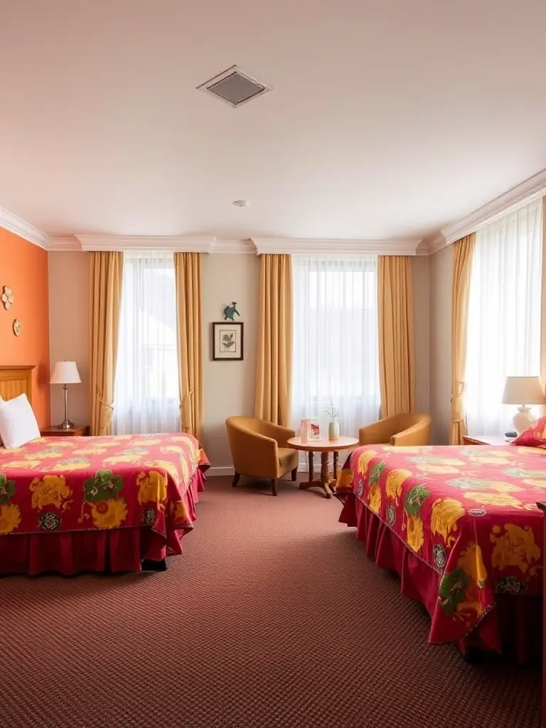 A photograph of the '60s-themed room, highlighting psychedelic art, lava lamps, and beanbag chairs for a groovy vibe.