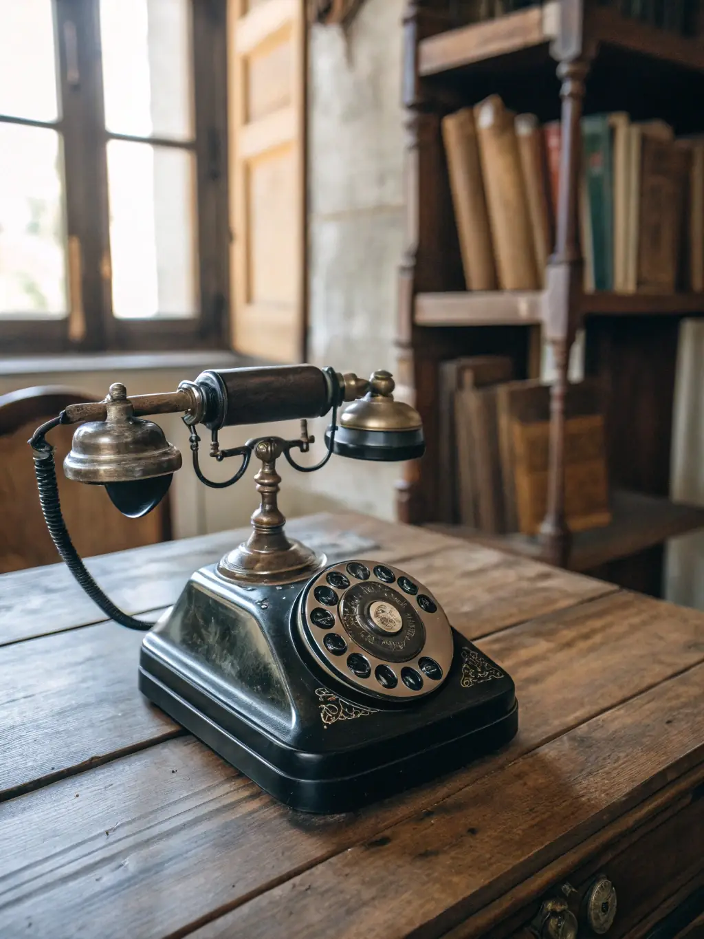 A close-up shot of a vintage rotary phone on a bedside table in a dimly lit, retro-themed hotel room, emphasizing the blend of classic technology with modern comfort.