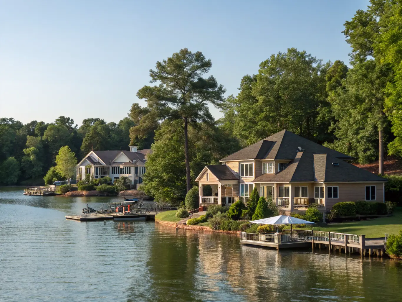 A scenic view of the nearby lake, with boats and lush greenery surrounding it.