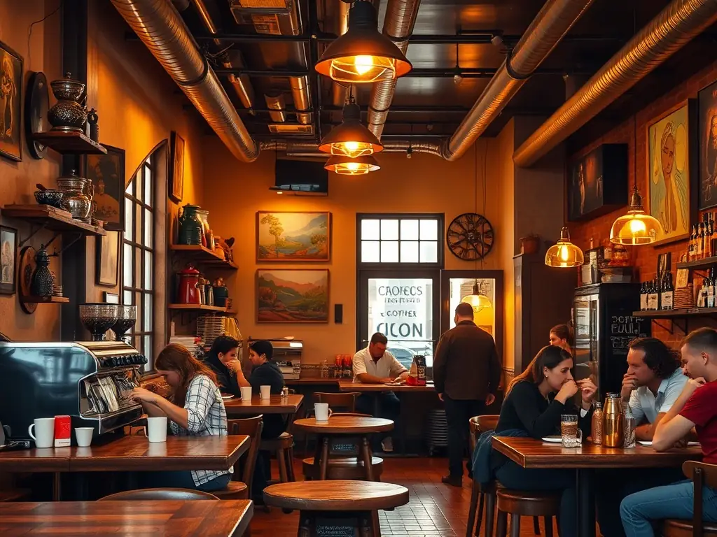 A cozy shot of the local coffee shop, showcasing its vintage decor and inviting atmosphere.