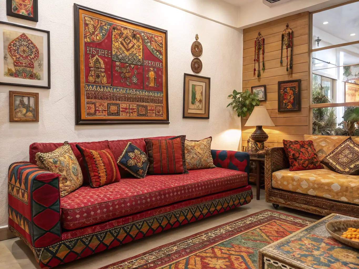 A photograph showcasing a vibrant and groovy 1970s themed hotel room, complete with psychedelic patterns, lava lamps, and retro furniture.