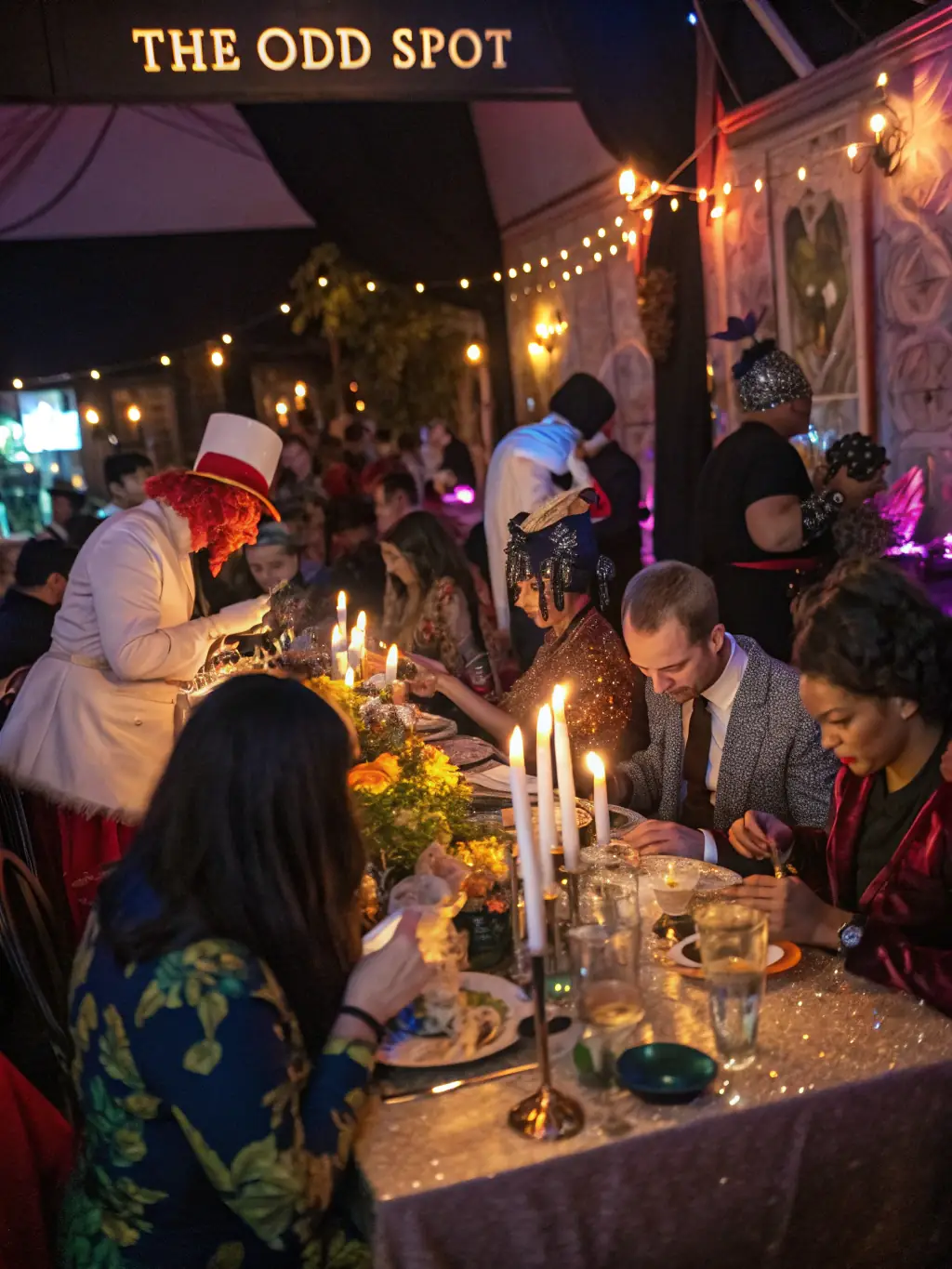 A photograph showcasing a murder mystery night at VintageStay, with guests dressed as detectives and suspects, set in a dimly lit, vintage-style lounge.